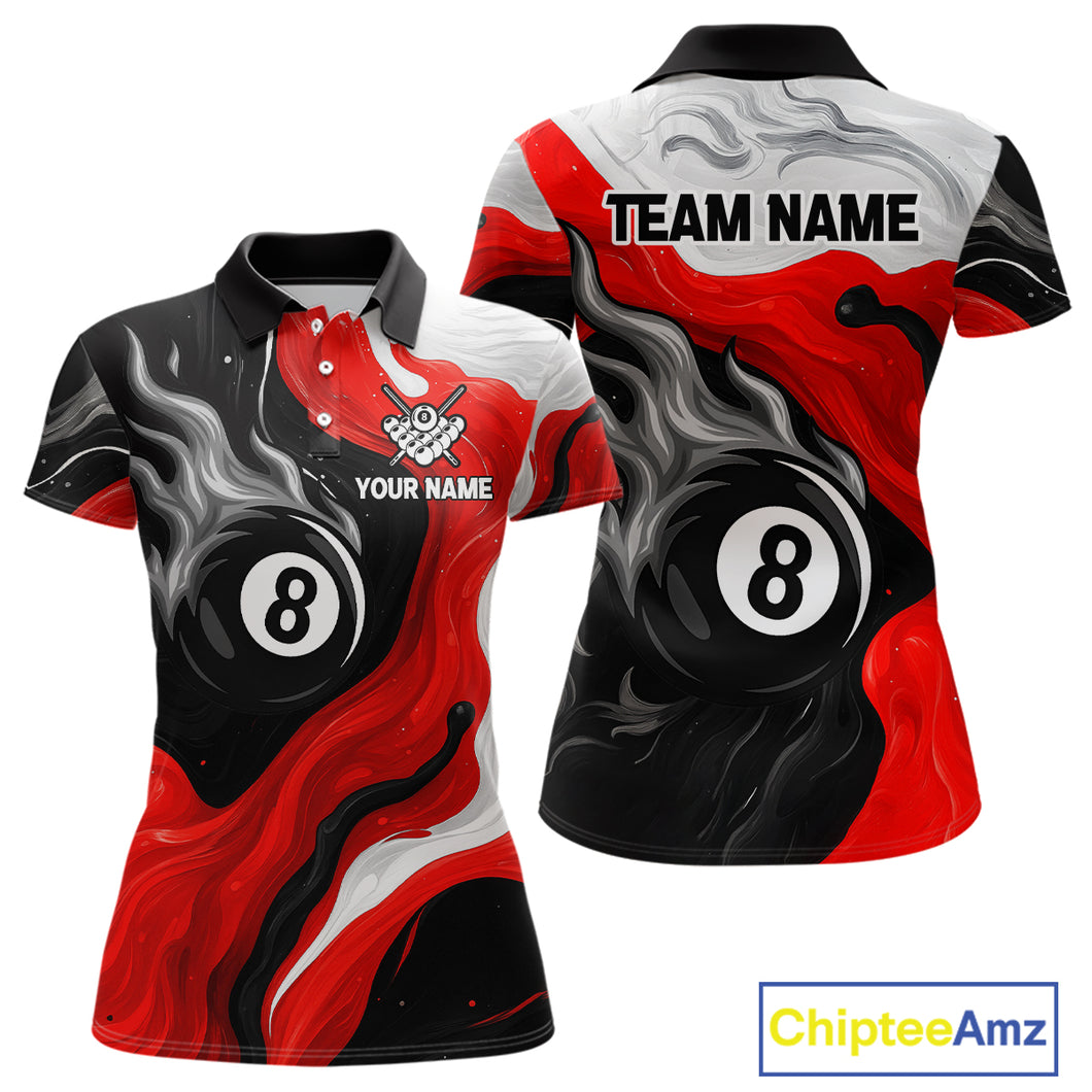 Personalized Black, Red And White 8 Ball Flame Billiard Shirt For Women Custom Pool Team Jerseys TDM4188
