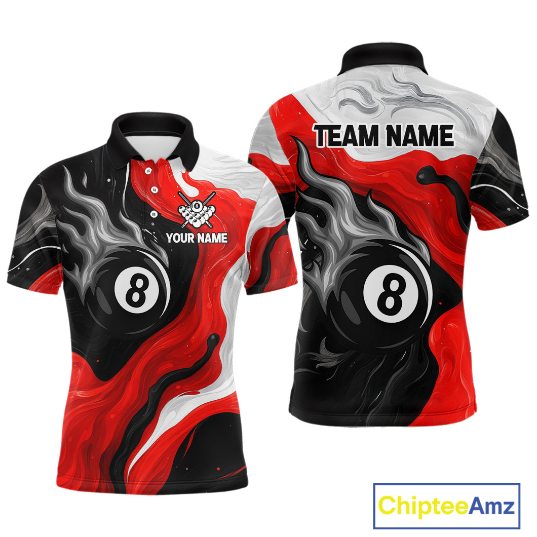 Personalized Black, Red And White 8 Ball Flame Billiard Shirt For Men Custom Pool Team Jerseys TDM4188