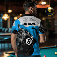 Load image into Gallery viewer, Personalized Black, Blue And White 8 Ball Flame Billiard Shirt For Men Custom Pool Team Jerseys TDM4189