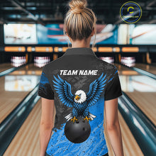 Load image into Gallery viewer, Woman wearing personalized black and blue eagle bowling team jersey quarter zip shirt featuring black and blue eagle artwork, front view.
