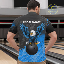 Load image into Gallery viewer, Man wearing personalized black and blue eagle bowling team jersey quarter zip shirt featuring black and blue eagle artwork, back view.