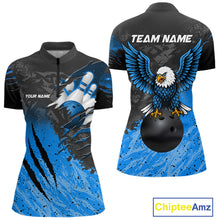 Load image into Gallery viewer, Personalized black and blue eagle bowling team jersey quarter zip shirt for women featuring detailed eagle artwork, premium custom bowling league apparel for tournament and league competition.