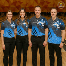 Load image into Gallery viewer, Bowling team wearing matching personalized black and blue eagle bowling team jerseys featuring premium eagle graphics, front view.