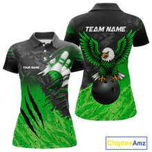 Load image into Gallery viewer, Personalized black and green eagle bowling team jersey polo shirt for women featuring a fierce eagle design, premium custom bowling league apparel for tournaments, league play and competitive bowling teams.