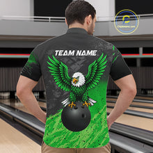 Load image into Gallery viewer, Man wearing personalized black and green eagle bowling team jersey quarter zip shirt featuring black and green eagle artwork, front view.