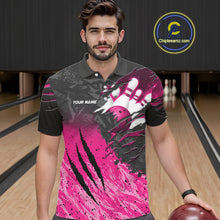 Load image into Gallery viewer, Man wearing personalized pink and black eagle bowling team jersey polo shirt featuring pink and black eagle artwork, front view.