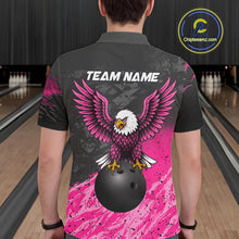 Load image into Gallery viewer, Man wearing personalized pink and black eagle bowling team jersey polo shirt featuring pink and black eagle artwork, back view.