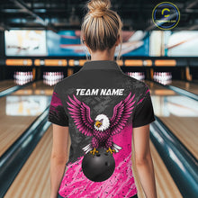 Load image into Gallery viewer, Woman wearing personalized pink and black eagle bowling team jersey quarter zip shirt featuring pink and black eagle artwork, front view.