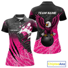 Load image into Gallery viewer, Personalized pink and black eagle bowling team jersey polo shirt for women featuring a bold eagle design, premium custom bowling league apparel for tournaments, league nights and competitive bowling teams.