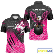 Load image into Gallery viewer, Personalized pink and black eagle bowling team jersey polo shirt for men featuring a bold eagle design, premium custom bowling league apparel for tournaments, league nights and competitive bowling teams.
