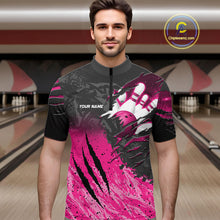 Load image into Gallery viewer, Man wearing personalized pink and black eagle bowling team jersey quarter zip shirt featuring pink and black eagle artwork, front view.