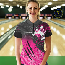 Load image into Gallery viewer, Woman wearing personalized pink and black eagle bowling team jersey polo shirt featuring pink and black eagle artwork, back view.