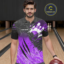 Load image into Gallery viewer, Man wearing personalized black and purple eagle bowling team jersey polo shirt featuring black and purple eagle artwork, front view.