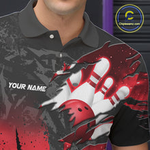 Load image into Gallery viewer, Close-up of the personalized black and red eagle bowling team jersey polo shirt showing the collar, buttons, premium performance fabric and detailed eagle graphics.