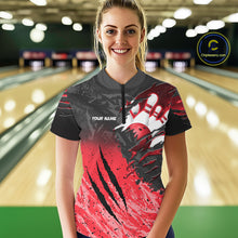 Load image into Gallery viewer, Woman wearing personalized black and red eagle bowling team jersey polo shirt featuring black and red eagle artwork, front view.