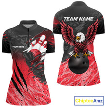 Load image into Gallery viewer, Personalized black and red eagle bowling team jersey polo shirt for women featuring a powerful eagle design, premium custom bowling league apparel for tournaments, league play and competitive bowling teams.