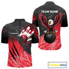 Load image into Gallery viewer, Personalized black and red eagle bowling team jersey quarter zip shirt for men featuring bold eagle artwork, premium custom bowling league apparel.