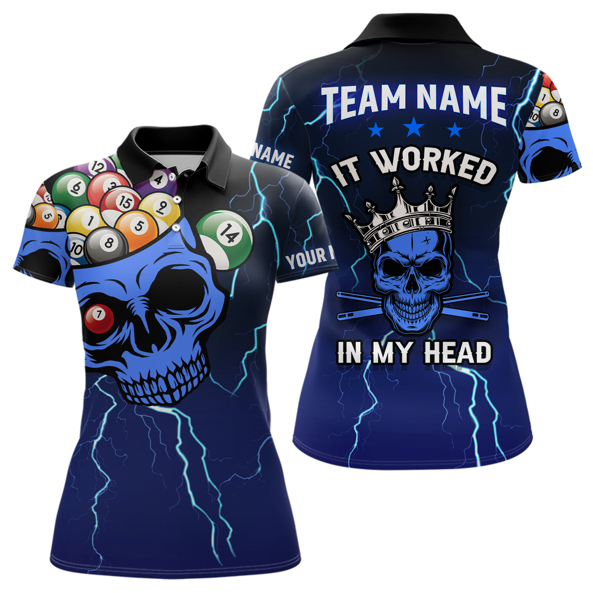 Personalized It Worked In My Head 3D Skull Full Printing Billiards Polo Shirts For Women | Blue TDM0360
