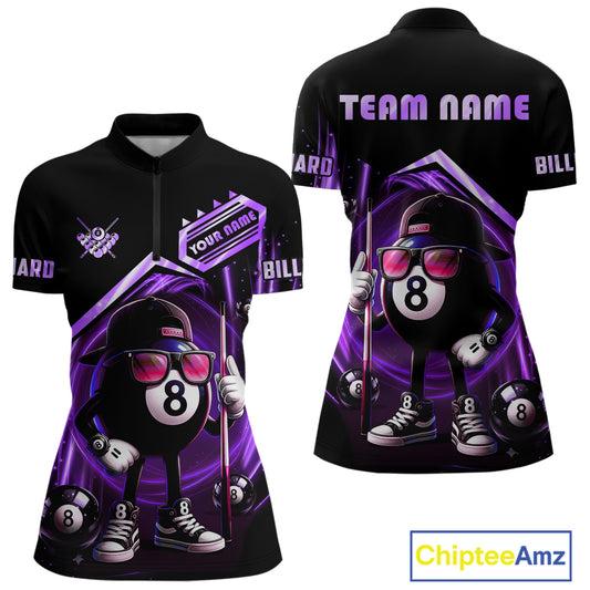 Purple Funny 8 Ball Billiard Shirt For Women Custom Pool Team Shirt, Billiard Jersey Polo & 1/4 Zip TDM5207