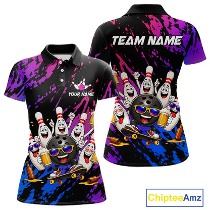 Custom Blue Purple Funny Bowling Pins Beer Bowling Shirts For Women Personalized Bowling Team Jersey TDM7255
