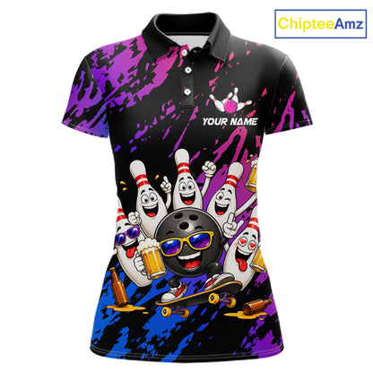 Custom Blue Purple Funny Bowling Pins Beer Bowling Shirts For Women Personalized Bowling Team Jersey TDM7255