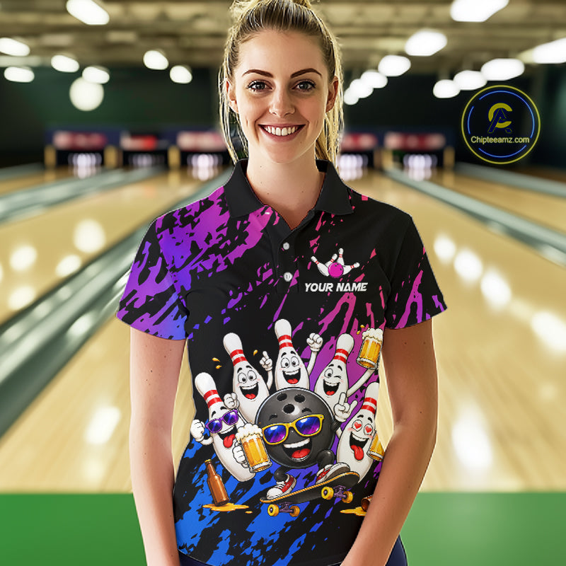 Custom Blue Purple Funny Bowling Pins Beer Bowling Shirts For Women Personalized Bowling Team Jersey TDM7255