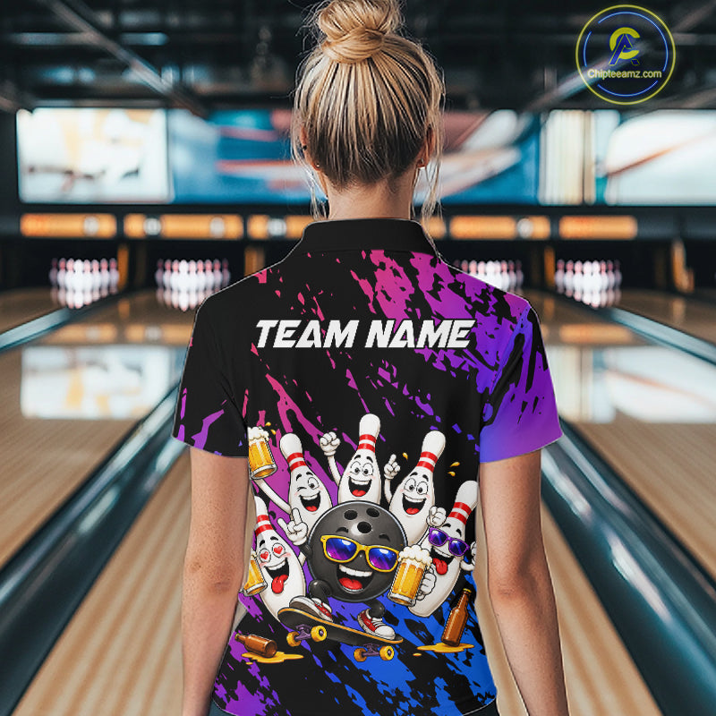 Custom Blue Purple Funny Bowling Pins Beer Bowling Shirts For Women Personalized Bowling Team Jersey TDM7255