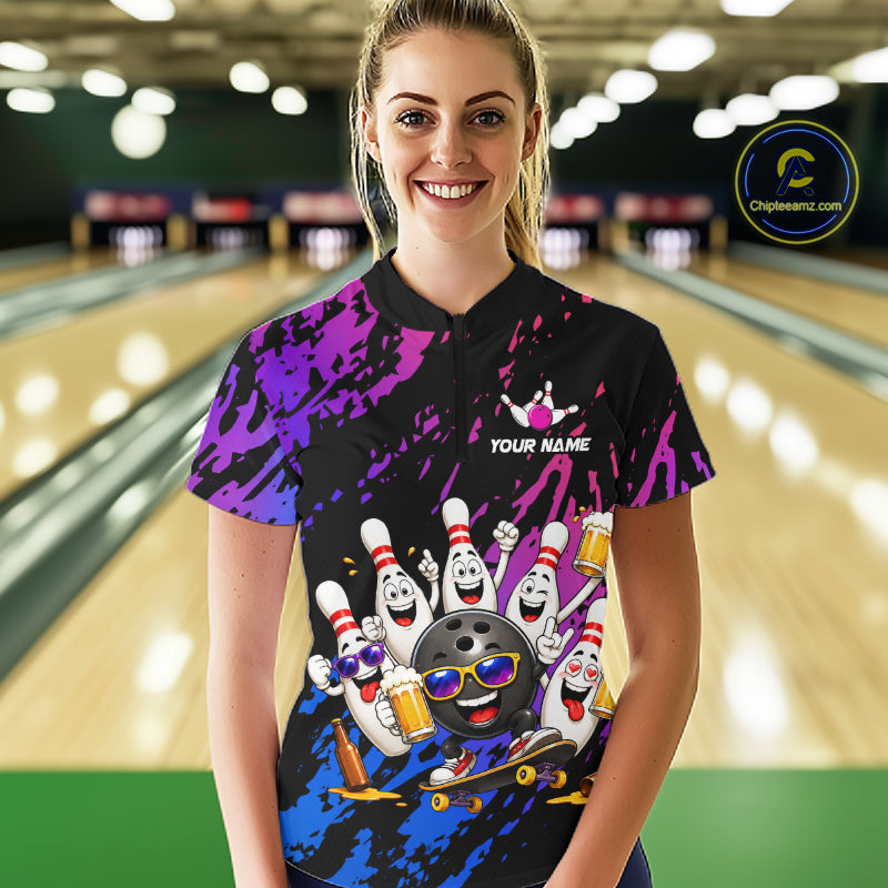 Custom Blue Purple Funny Bowling Pins Beer Bowling Shirts For Women Personalized Bowling Team Jersey TDM7255