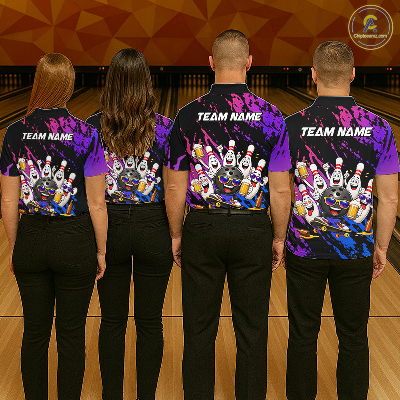 Custom Blue Purple Funny Bowling Pins Beer Bowling Shirts For Women Personalized Bowling Team Jersey TDM7255