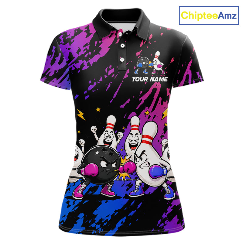 Custom Blue And Purple Funny Boxing Bowling Shirts For Women Bowling Team Jersey, Gift For Bowlers TDM7257