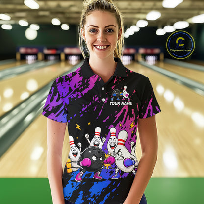 Custom Blue And Purple Funny Boxing Bowling Shirts For Women Bowling Team Jersey, Gift For Bowlers TDM7257