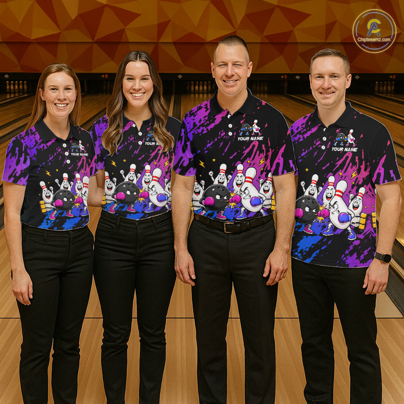 Custom Blue And Purple Funny Boxing Bowling Shirts For Women Bowling Team Jersey, Gift For Bowlers TDM7257