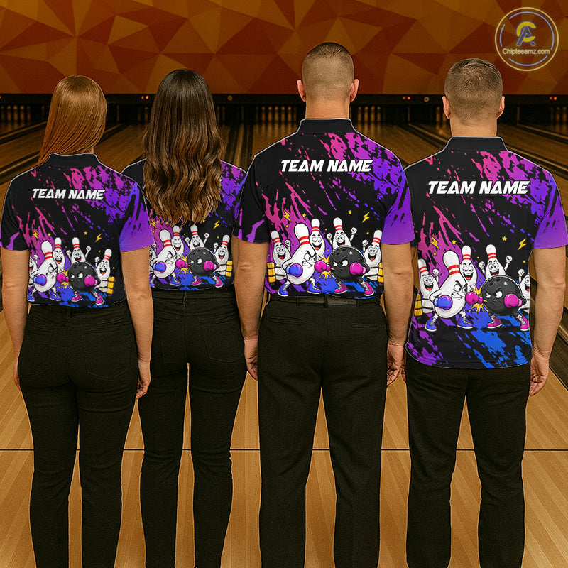 Custom Blue And Purple Funny Boxing Bowling Shirts For Women Bowling Team Jersey, Gift For Bowlers TDM7257