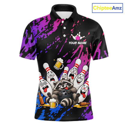 Custom Blue Purple Funny Drunk Raccoon Bowling Shirt For Men Personalized Beer Bowling Team Jersey TDM7258