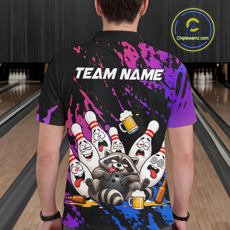 Custom Blue Purple Funny Drunk Raccoon Bowling Shirt For Men Personalized Beer Bowling Team Jersey TDM7258