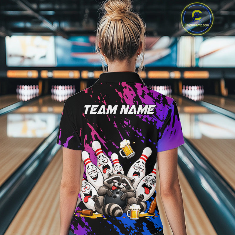 Custom Blue Purple Funny Drunk Raccoon Bowling Shirt For Women Personalized Beer Bowling Team Jersey TDM7258