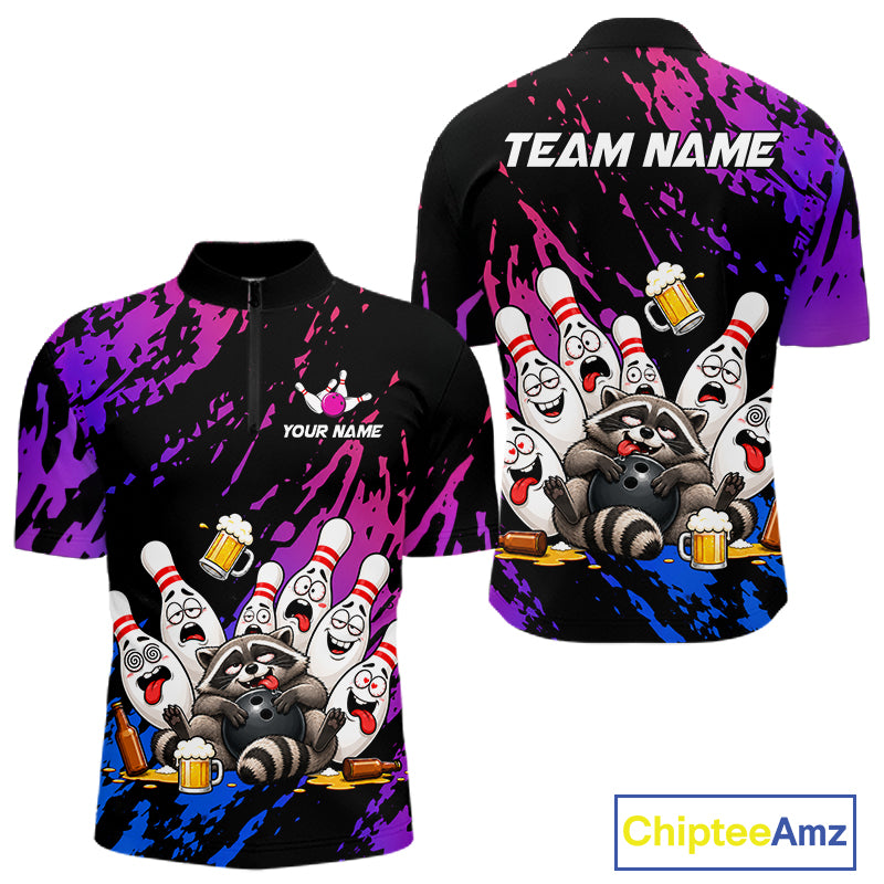 Custom Blue Purple Funny Drunk Raccoon Bowling Shirt For Men Personalized Beer Bowling Team Jersey TDM7258