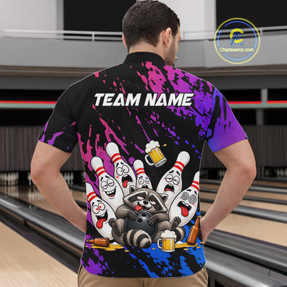 Custom Blue Purple Funny Drunk Raccoon Bowling Shirt For Men Personalized Beer Bowling Team Jersey TDM7258