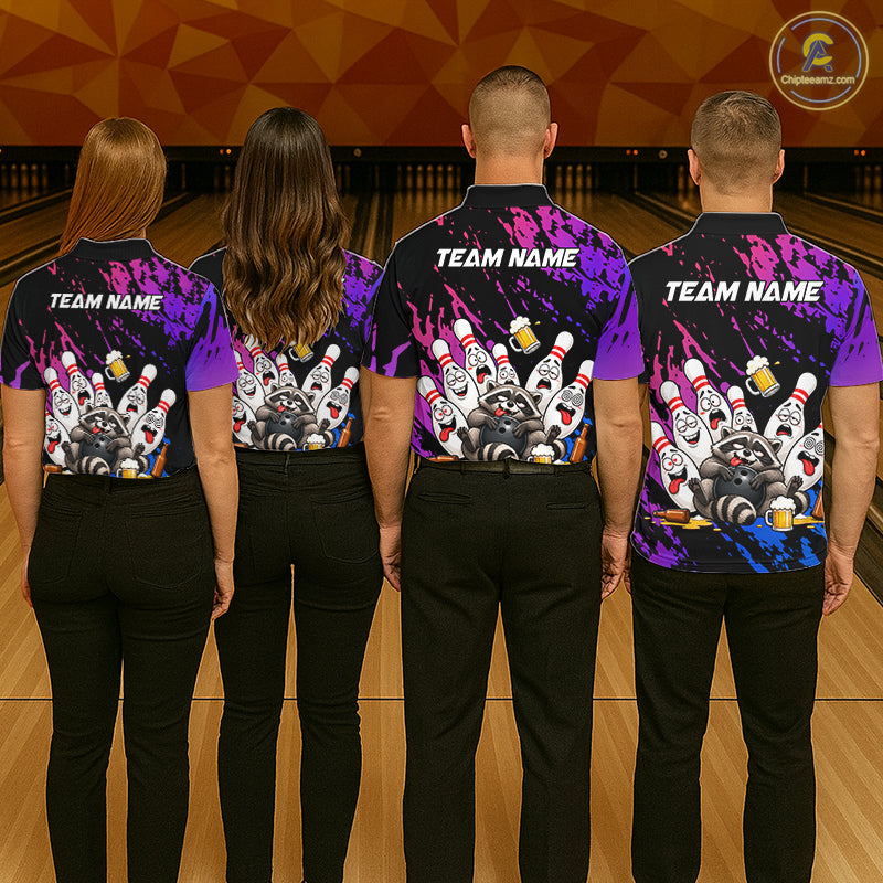 Custom Blue Purple Funny Drunk Raccoon Bowling Shirt For Women Personalized Beer Bowling Team Jersey TDM7258