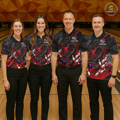 Custom Black And Red Grunge Scorpion Bowling Jersey For Women, Bowling Team Shirts Polo, Quarter Zip TDM7260