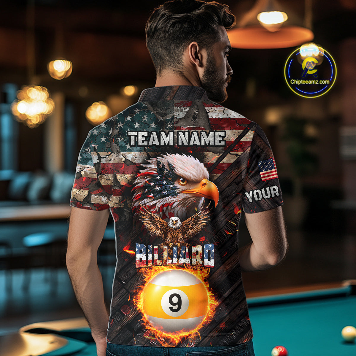 American Flag 9 Ball Fire Custom Eagle Billiard Shirt For Men, Patriotic Pool Jersey Polo, 1/4 Zip TDM5931
