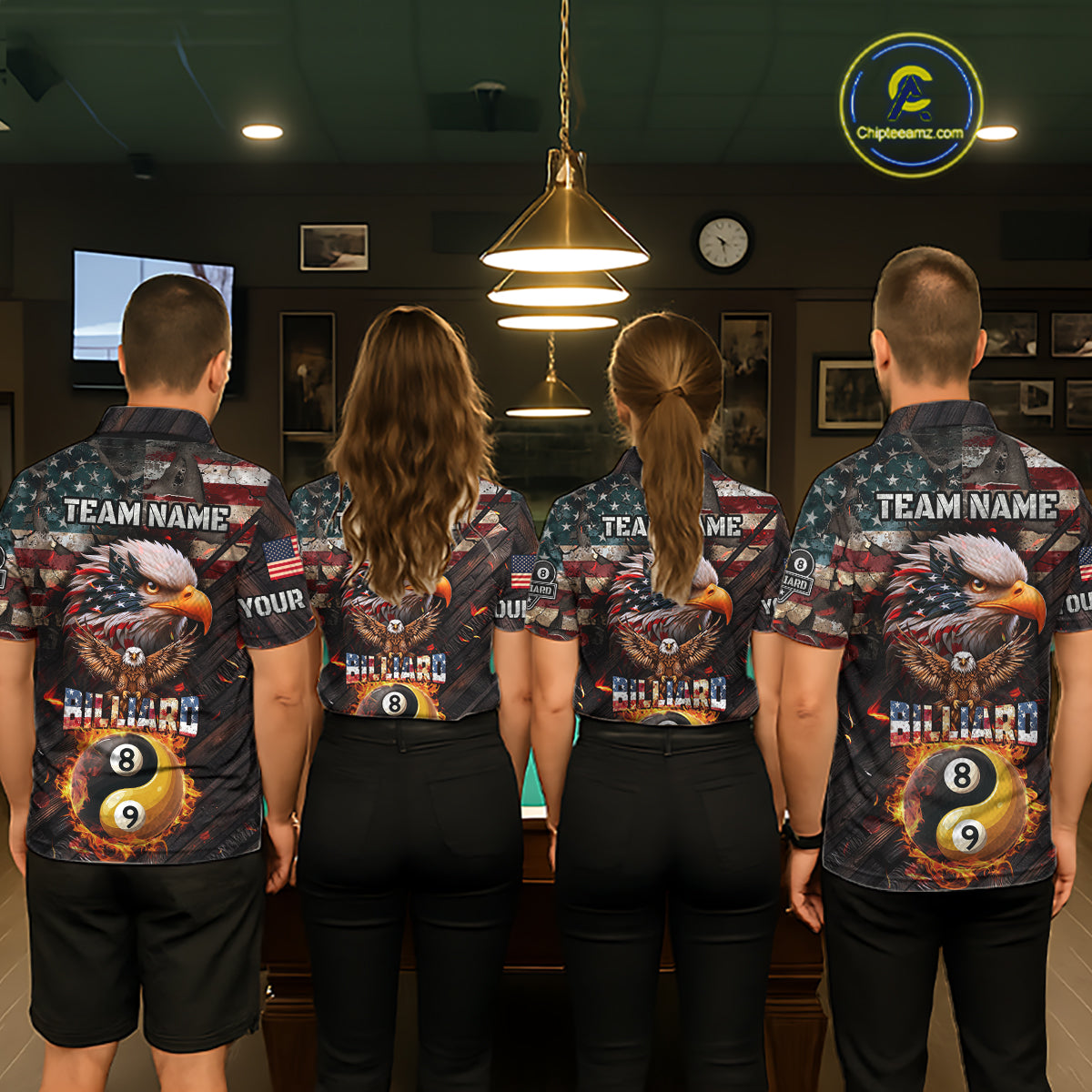 American Flag 8 & 9 Ball Yin-Yang Fire Custom Eagle Billiard Shirt For Women, Pool Team Jersey TDM5933