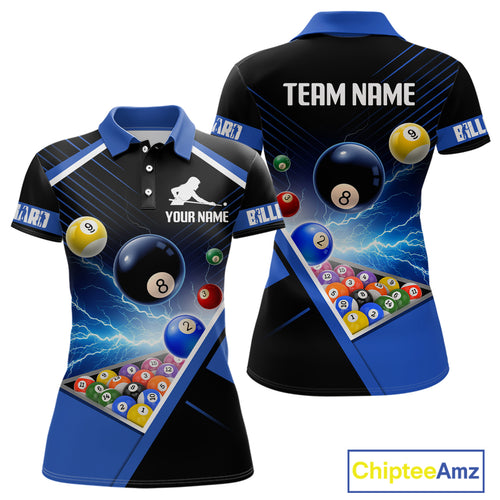 Customized Blue Thunder Lightning Strike Billiard Shirt For Women, Billiard Team Shirt Pool Jerseys TDM4009