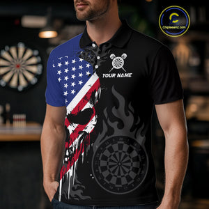 Grunge American Flag Skull Darts Shirt For Men Custom Patriotic Darts Team Jerseys Polo & 1/4 Zip TDM4197
