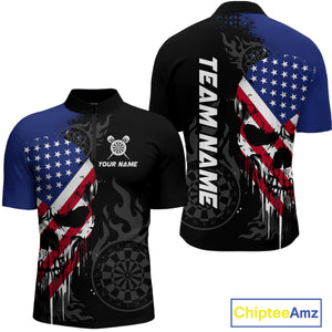 Grunge American Flag Skull Darts Shirt For Men Custom Patriotic Darts Team Jerseys Polo & 1/4 Zip TDM4197