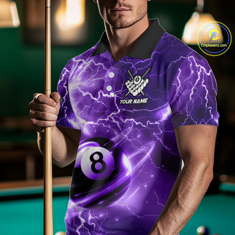 Man wearing a purple 8 ball thunder lightning billiard jersey beside a pool table front view.