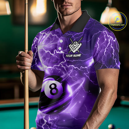 Man wearing a purple 8 ball thunder lightning billiard jersey beside a pool table front view.