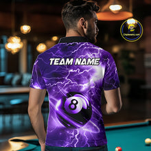 Load image into Gallery viewer, Back view of man wearing a purple thunder lightning 8 ball pool shirt in a billiards hall.