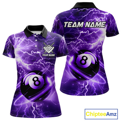 Purple 8 ball thunder lightning billiard polo shirt for women with custom pool team graphics.