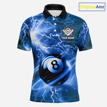Load image into Gallery viewer, Blue 8 ball thunder lightning billiard polo shirt for men with custom pool team graphics.